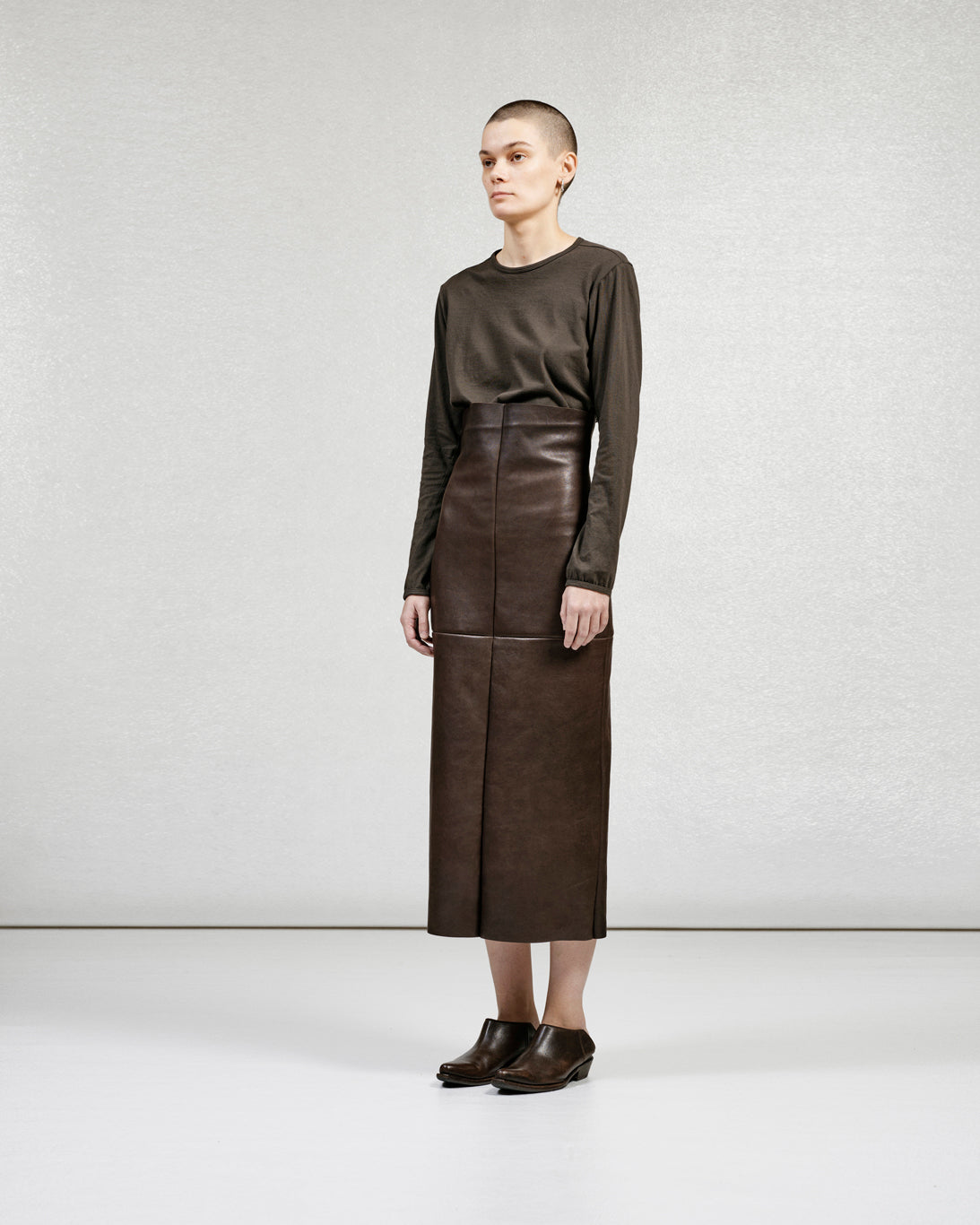 S17 NO.69 BROWN LEATHER HIGH WAIST SKIRT