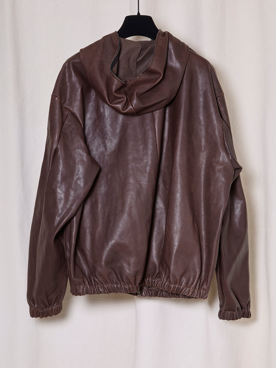 PREORDER S20 NO.216 BROWN LEATHER HOODED ZIPPER
