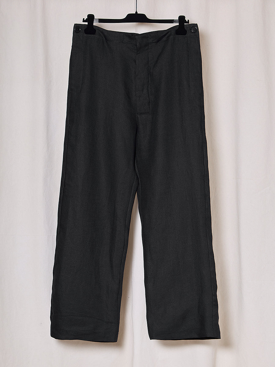 PREORDER S20 NO.353 BLACK HERRINGBONE LINEN BUTTON POCKET TROUSERS