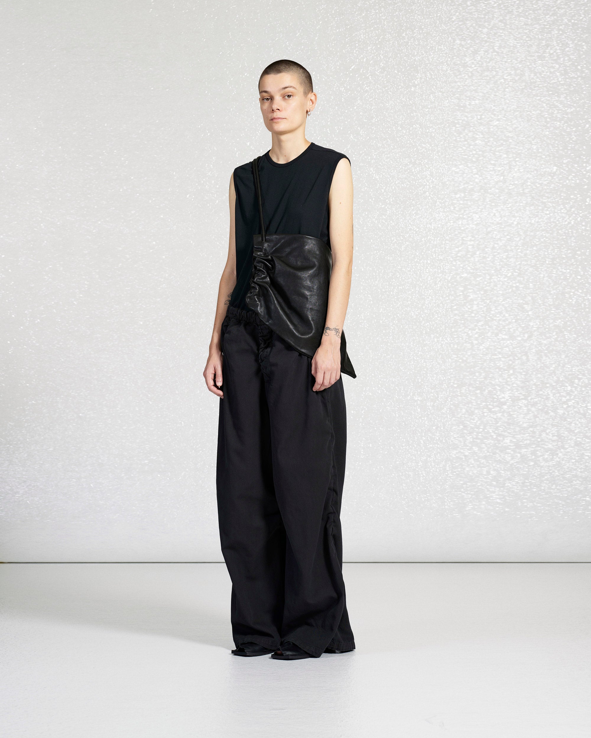 S18 NO.267 BLACK THIN CANVAS DRAPED TROUSERS